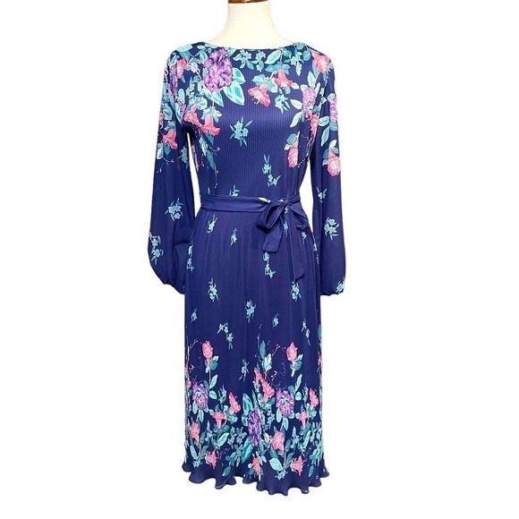 TF Dresses & Skirts - Vintage TF Women's Royal Purple Floral Fortuny Pleat Dress Waist Tie Size 12